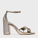 Sandália Glam Tiras Cruzadas Salto Bloco Couro Spechio Metalizado Champagne - Carrano