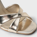 Sandália Glam Tiras Cruzadas Salto Bloco Couro Spechio Metalizado Champagne - Carrano