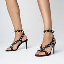 Sandália Balls Recorte Salto Fino Couro Preto - Carrano