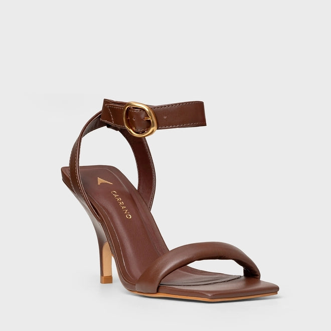 Sandália Tira Puffy Salto Fino Couro Marrom Brunette - Carrano