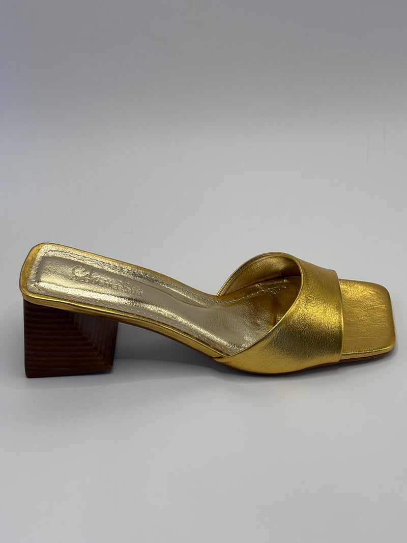 Tamanco Dourado com Salto de Madeira - Claudia Albuquerque Shoes