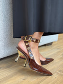 Slingback Salto Dourado Croco Marrom - Claudia Albuquerque Shoes