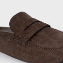 Mule Clog Flat Simple Couro Croco Suede Marrom Dark Brown - Carrano